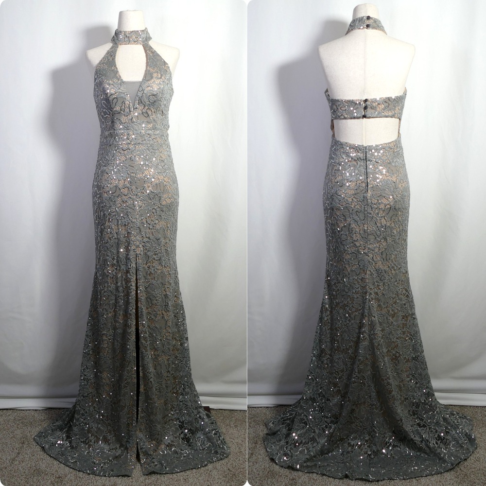 Vintage Y2K Fairy Grunge Sequin Maxi Dress Size 10 Halter Open Back Whimsigoth